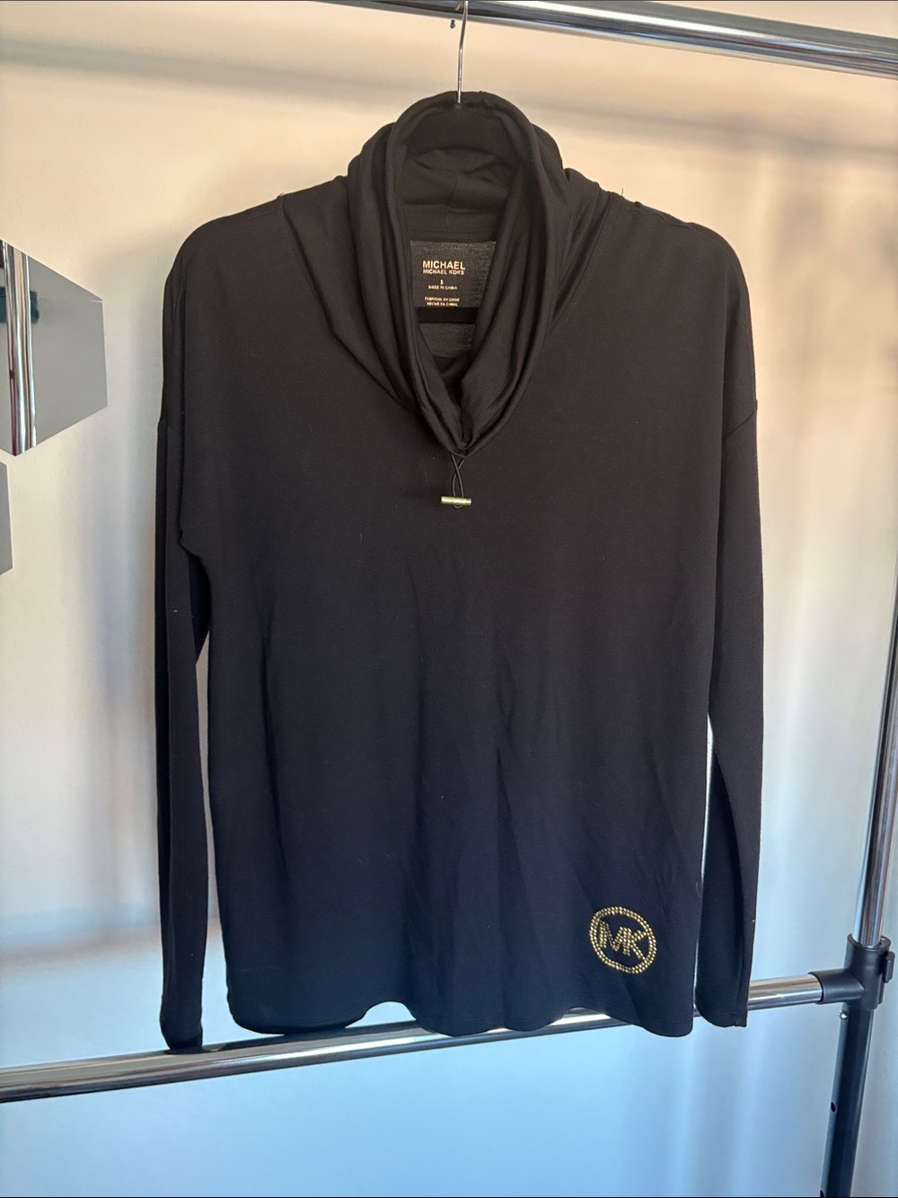 Michael Kors Black Long-Sleeve Cowl Neck Top with Gold MK Accent